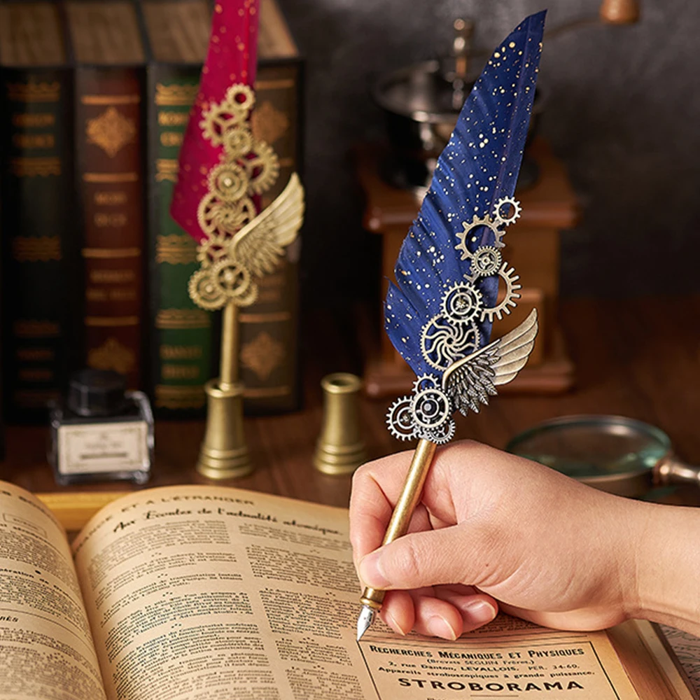 

Multicolor Vintage Feather Fountain Pen Classical Dip Pen + 5 Nibs + Black Ink Writing Instruments Office School Supplies Suit