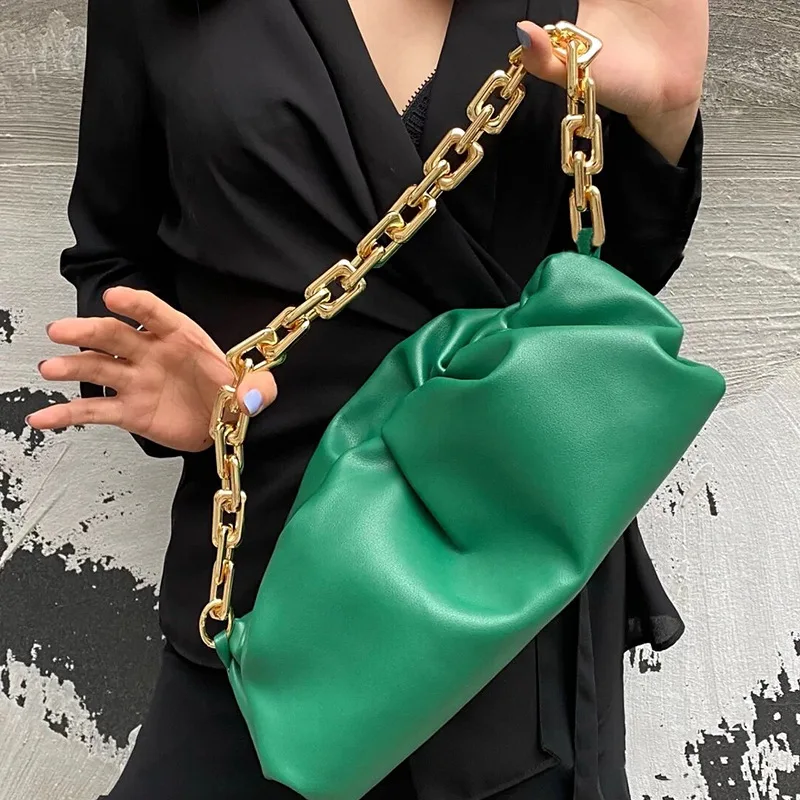 

Genuine Leather Women's Bag High Texture Soft Pleated Clouds Bag Rough Chain Clip Bag Female Single Shoulder Armpit Bag