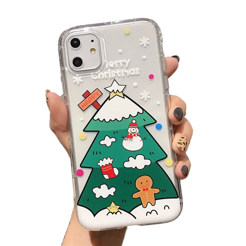 

Cartoon Christmas Tree Elk Clear Full Wrap Phone Case For Iphone 13 12 Mini 14 11 Pro Max X Xr Xs Max 7 8 Plus Se 13Pro Cover