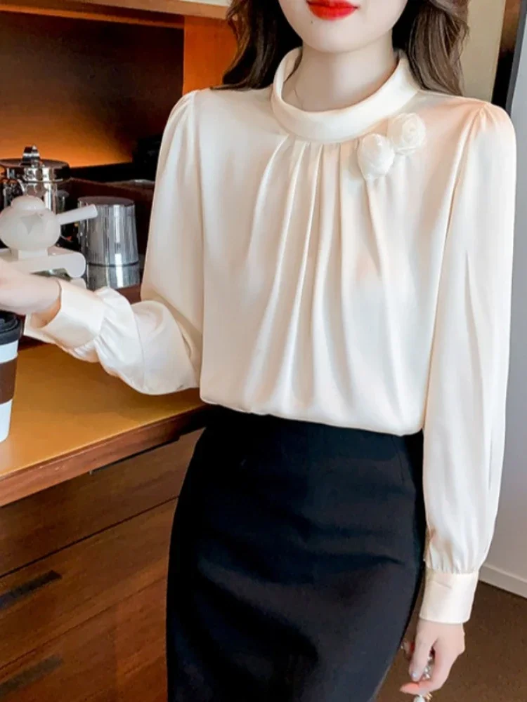 Элегантная атласная шифоновая рубашка осенняя Новинка 3D розовый топ с