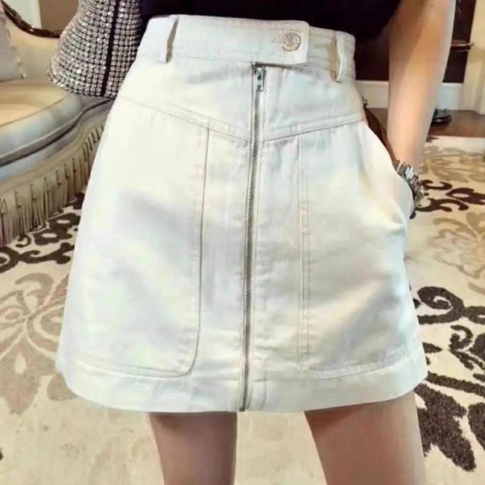 Anti light white zipper denim skirt for women in spring  summer 2022, new style, high waist, slim, big pocket, hip bag skirt