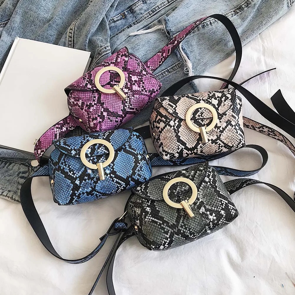 

Women Chest Shoulder Bag Snake Printing PU Leather Buckle Square Waist Packs Adjustable Belt Messenger Crossbody Bags