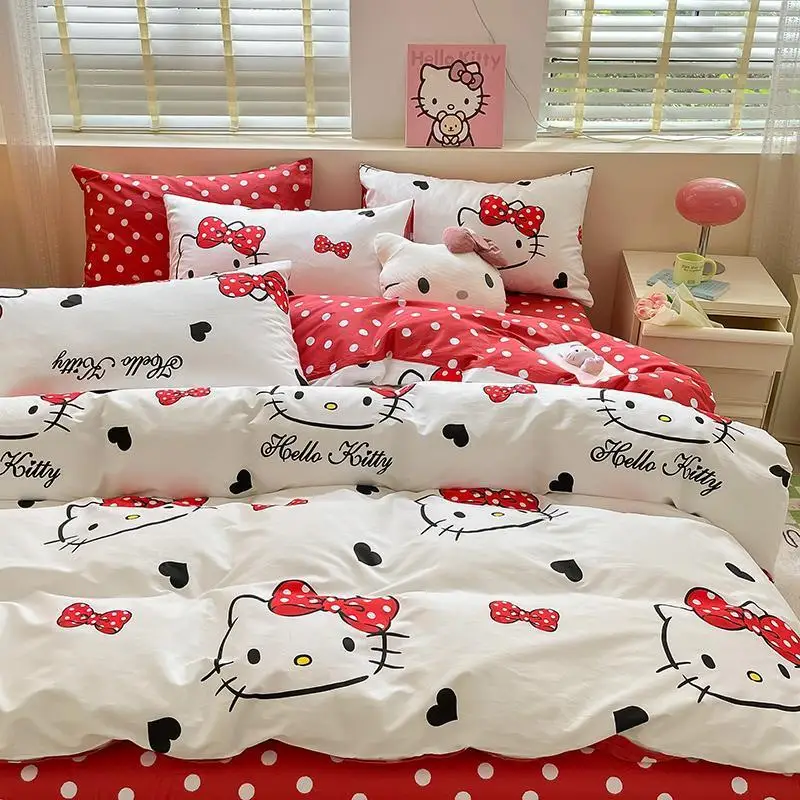 

Комплект постельного белья Hello Kitty, комплект из 4 предметов, с простыней, с мультяшным рисунком, для девушек и общежитий, спальни