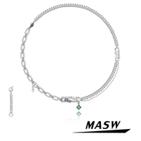 masw fashion jewelry chain necklace high quality brass thick silver plated metal green crystal pendant necklace for women gift