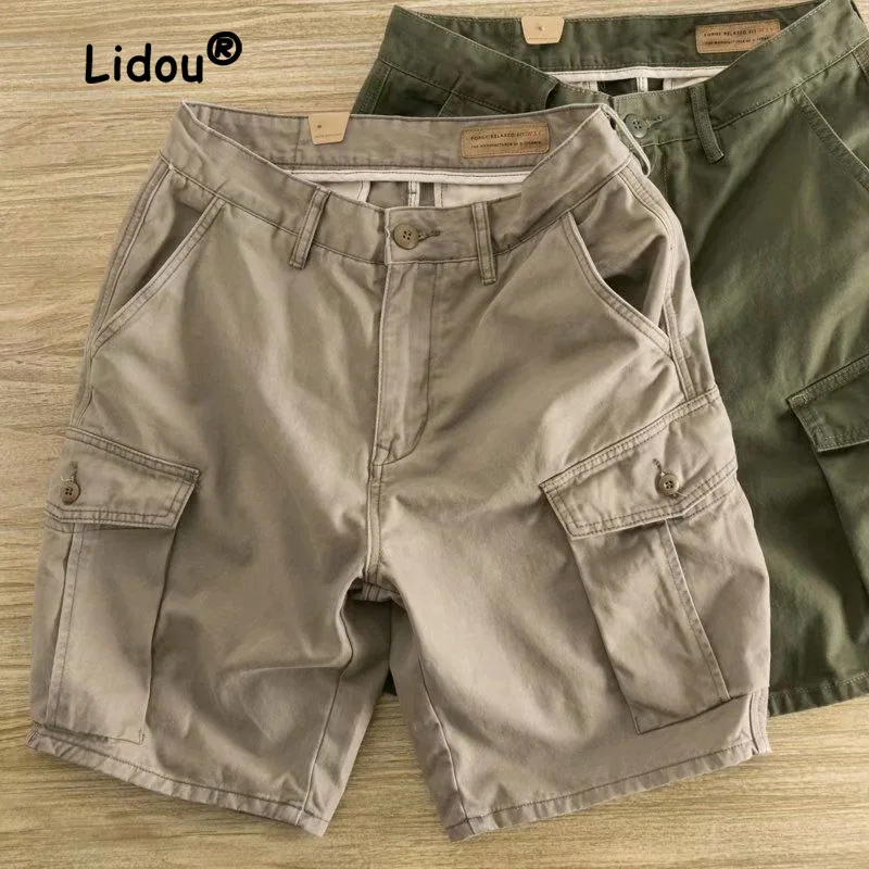 

Шорты мужские рабочие в стиле ретро, трендовые свободные облегающие повседневные Капри, модные короткие на молнии с несколькими карманами, лето