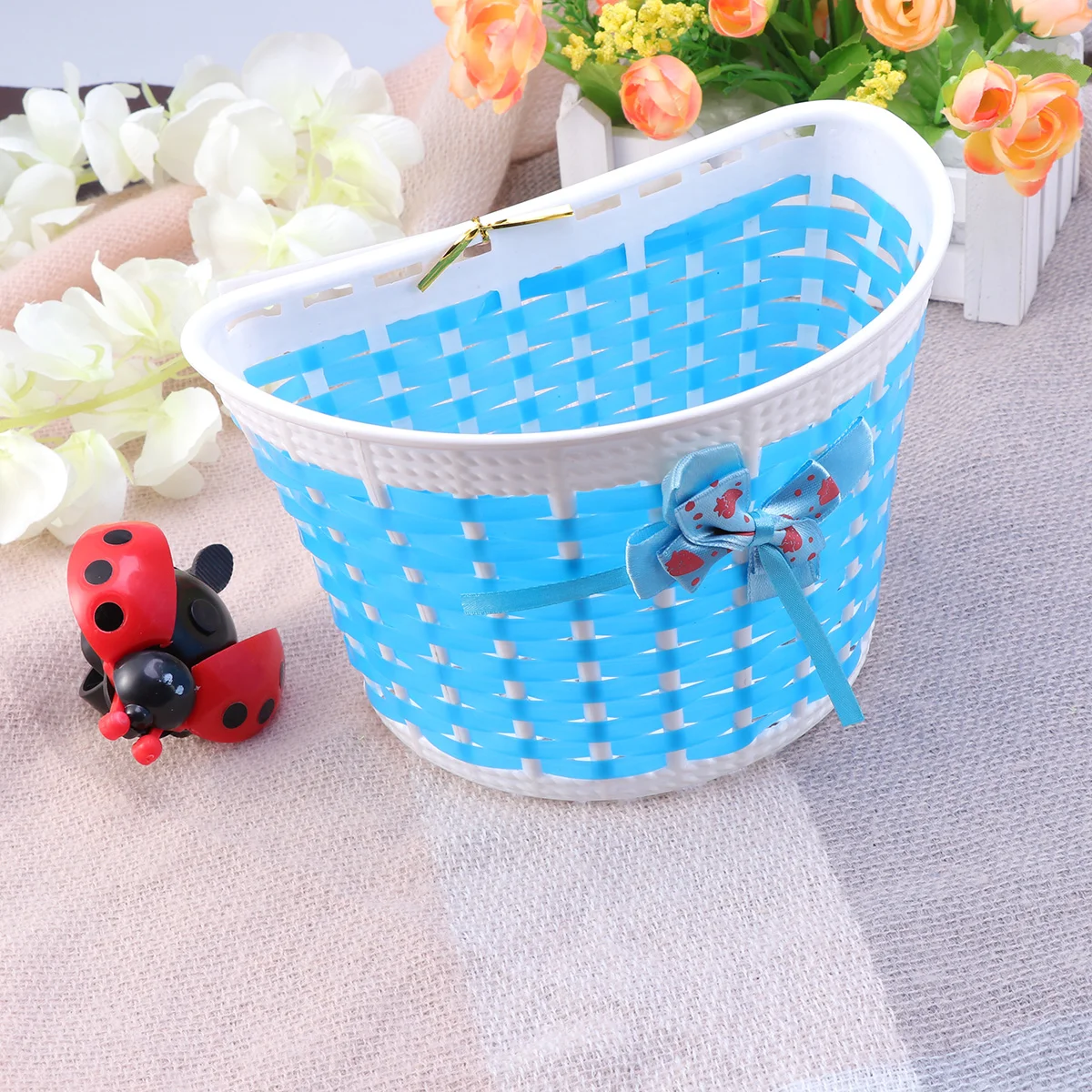 

Scooter Basket Children Bike Basket Knitted Knot Front Bag(Small,Blue Basket, Color Randomization Car Bell)