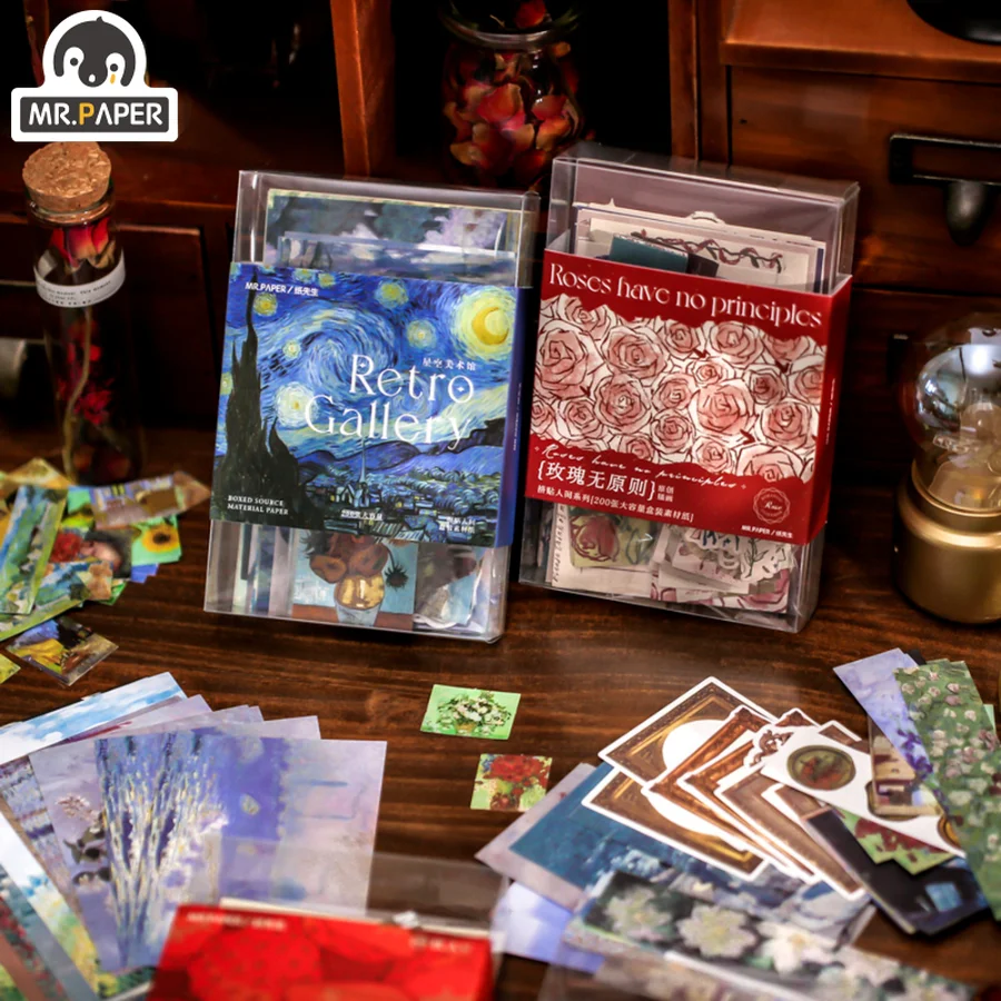 

Mr. Paper 4 Styles 200Pcs/Box Classic Oil Painting Sticker Card Stock Set Aesthetic Rose Scrapbooking Decoration Material Paper