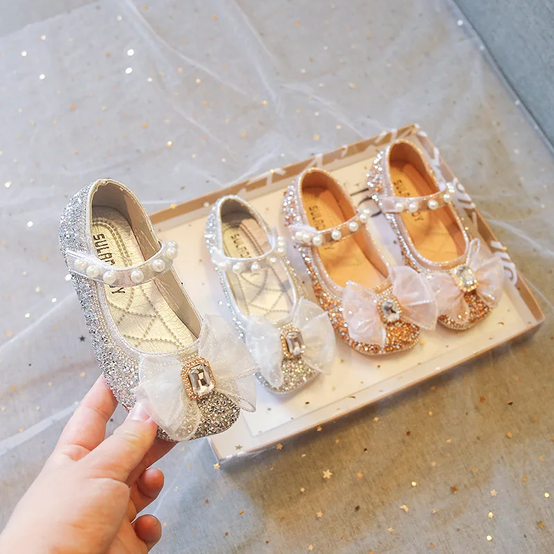 

Girls Leather Shoes 2022 Spring Fashion Dress Bowtie Mary Jane Shoes Baby Kids Flats Pearl Rhinestone Glitter Soft Dancing Shoe