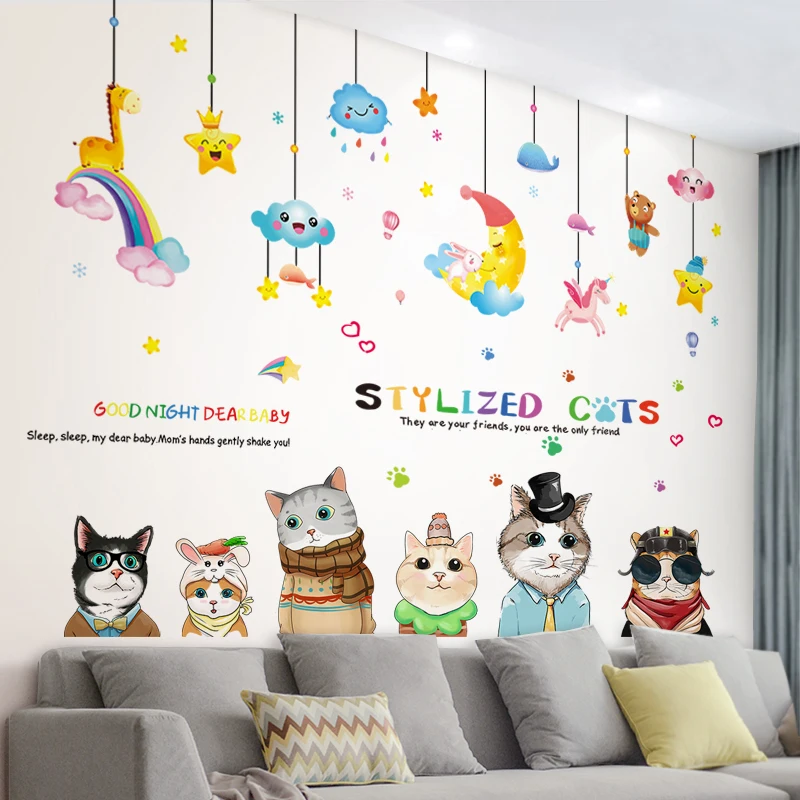 

Cats Animals Wall Stickers DIY Cartoon Moon Stars Wall Decals for Kids Rooms Baby Bedroom Children Nursery Home Decoration