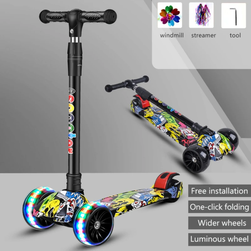 2-12 Years Children Scooter 3 Wheel Scooter with Flash Wheels Kick Scooter for Kids Adjustable Height Foldable Children Scooter