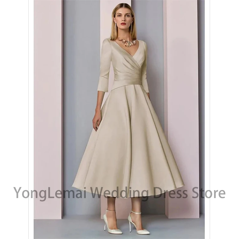 

Элегантное винтажное атласное платье до середины икры с V-образным вырезом и рукавом 3/4, со складками, свадебное платье-трапеция для матери невесты, платья для торжества