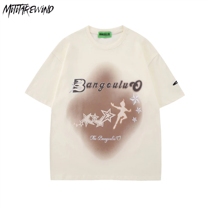 

Футболка мужская с принтом пятиконечной звезды и надписью из мультфильма, свободная повседневная рубашка в стиле High Street, топ с круглым выре...