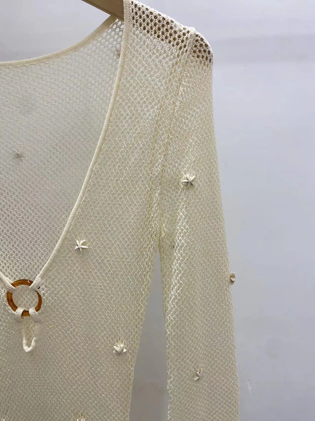 

Women's Embroidery Stars Knit Dress Hollow out V-neck Long Sleeve Spring Summer 2023 Elegant Female Midi Robe