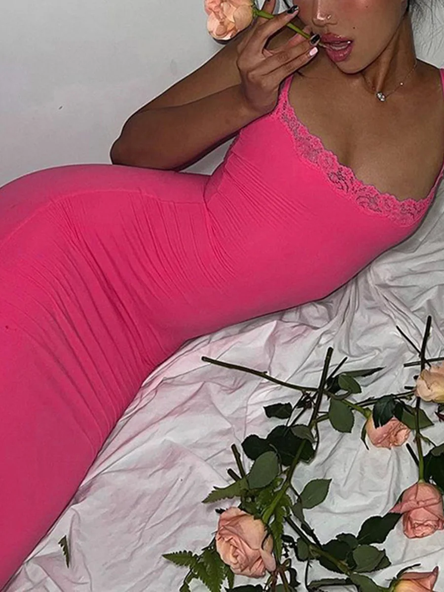 

Элегантное женское Кружевное облегающее длинное платье с тонкими бретельками-однотонное праздничное платье без рукавов для женщин на лето