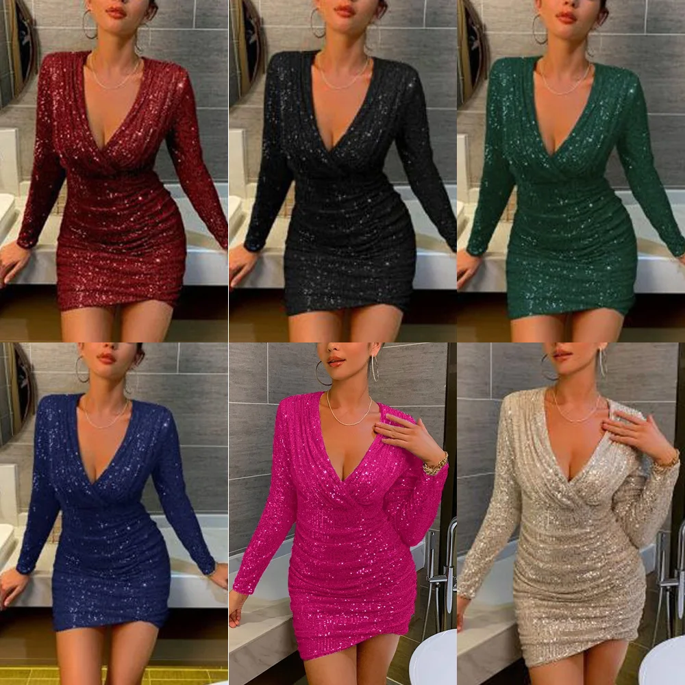

2023 autumn and winter new European and American women's sexy V-neck wrap hip skirt fashion sequin dress women