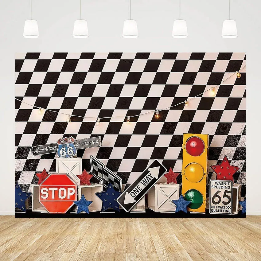 

Mehofond Boy Birthday Portrait Photography Background Route 66 Traffic Light Cake Smash Checkerboard Backdrop Banner Studio