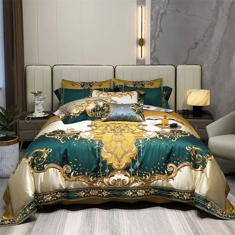 

High Precision Vintage Brocade Egyptian Cotton Gold Embroidered Bedding Set Quilt Cover Set Bed Linen Bedspread Pillowcases