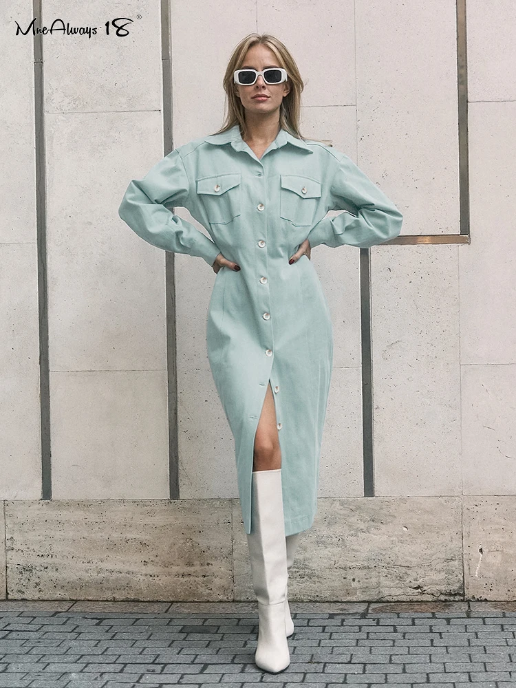 

Mnealways18 Elegant Women Cyan Office Dress Long Sleeve Split Midi Dresses Fashion 2023 Single-Breasted Ladies Lapel Dress Chic