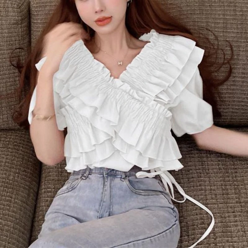 Insgram Sweet Style Shirts Lotus-Lacy V-Neckline Short Sleeves Ruffle Top   Puff517D images - 6