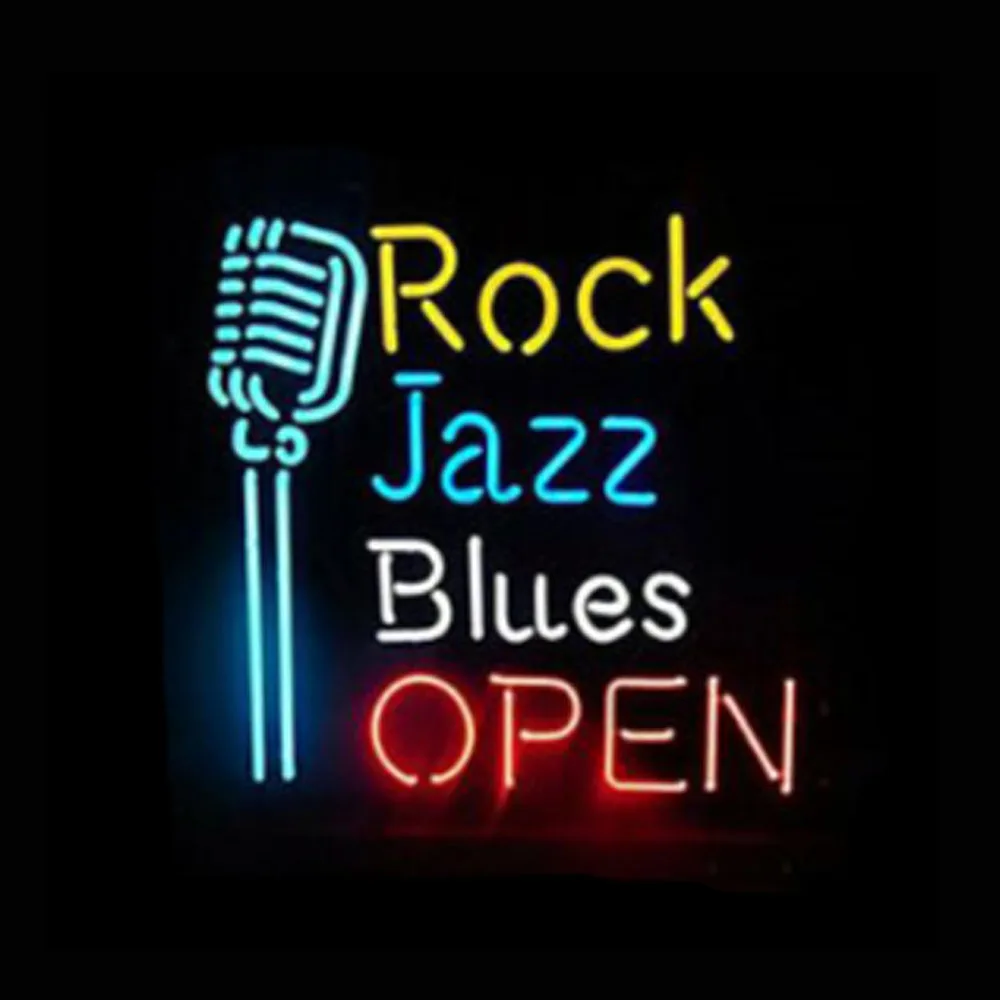 

ROCK Jazz Blue OPEN Microphone Custom Handmade Real Glass Tube Store Beer Bar Motel Wall Decor Display Neon Sign Light 24"X24"