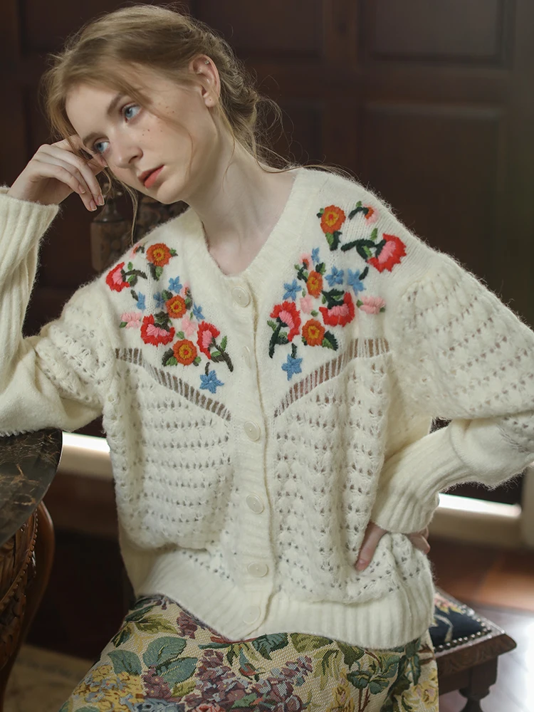 Женский винтажный кардиган шерстяной свитер с французской вышивкой ручной