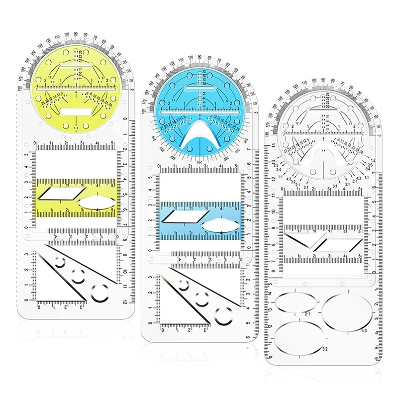

3 Pieces Multifunctional Geometric Ruler Mathematics Drawing Ruler Measuring Tool Geometric Measuring Draft Rulers