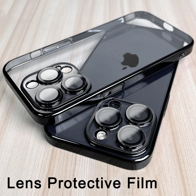 

3CG Square Plating Transparent Case For iPhone 14 13 12 11 Pro Max Plus X XR XS SE 2022 7 8 Lens Protective Soft Silicone Cover