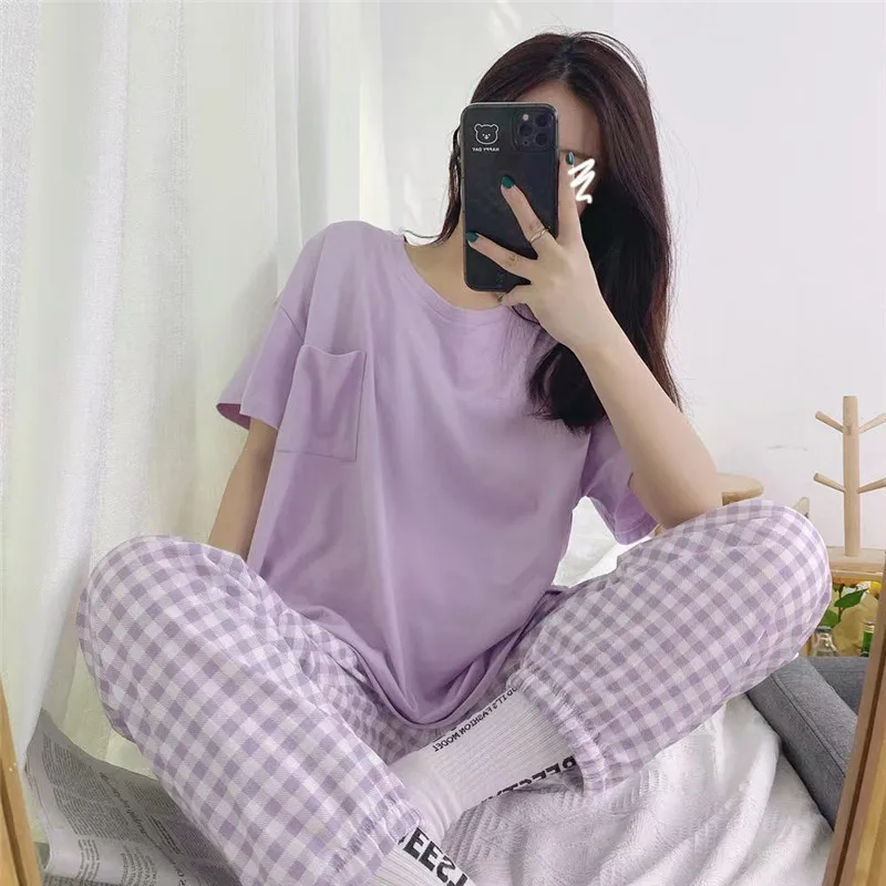 Women's Pajamas Sets Summer Fashion Short Sleeve Trousers Two Piece Set Pyjamas Korean Style Clothing Homewear Sleepwea