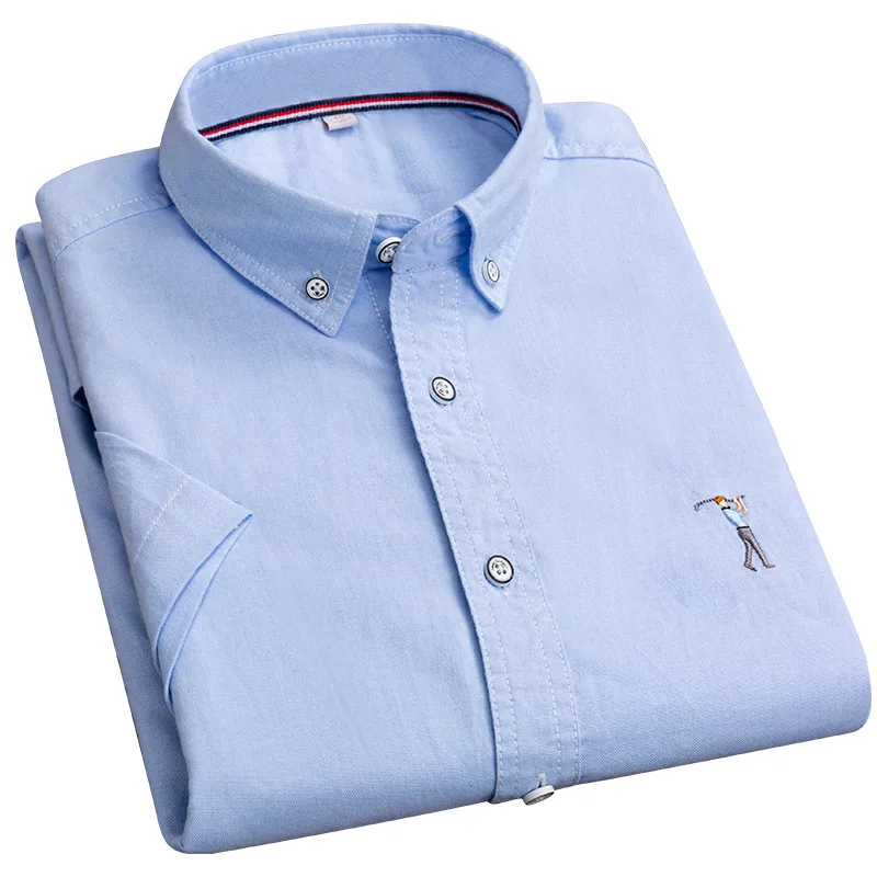 New Summer Short-sleeved Shirt Men's Solid Color Oxford Spinning Casual Embroidery Fashion Slim Shirt Short Men Drop Shipping