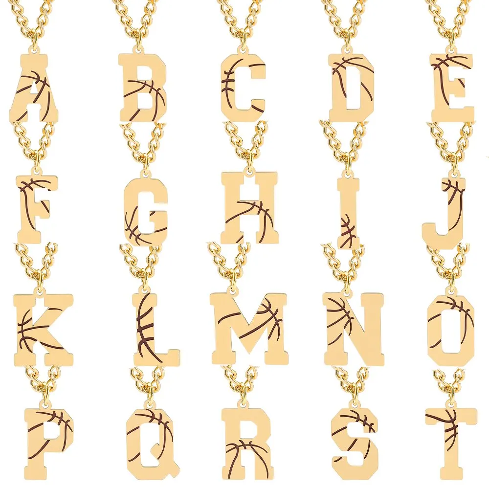 

Trendy Stainless Steel Basketball Letter Necklace 26 Letter Gold Color A-Z Pendant Neck Chain Men Punk Charm Jewelry Accessories