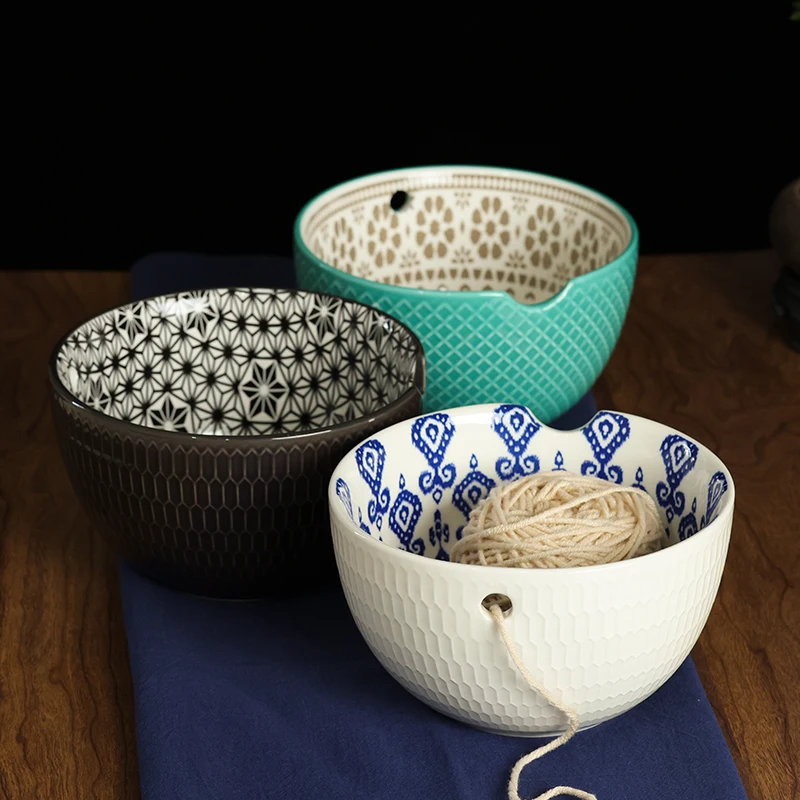 

Ceramic Yarn Storage Bowl Knitting Crochet Woollen Balls Containers Organizer With Hole Needle Holder Basket Mother's Gift