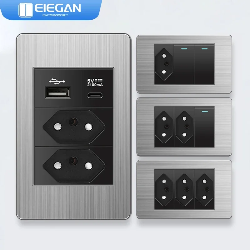 ЭЛЕГАН Черная Бразилия Панель из нержавеющей стали Стандартная розетка Двойная