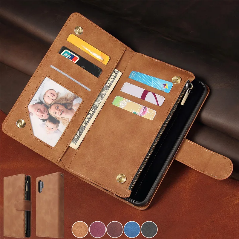 Футляр-кошелек на молнии из кожи для Samsung Galaxy Note 20 Ultra 10 Lite 9 S23 S22 S21 S20 FE S10 S9 S8 Plus с карманом для карт.
