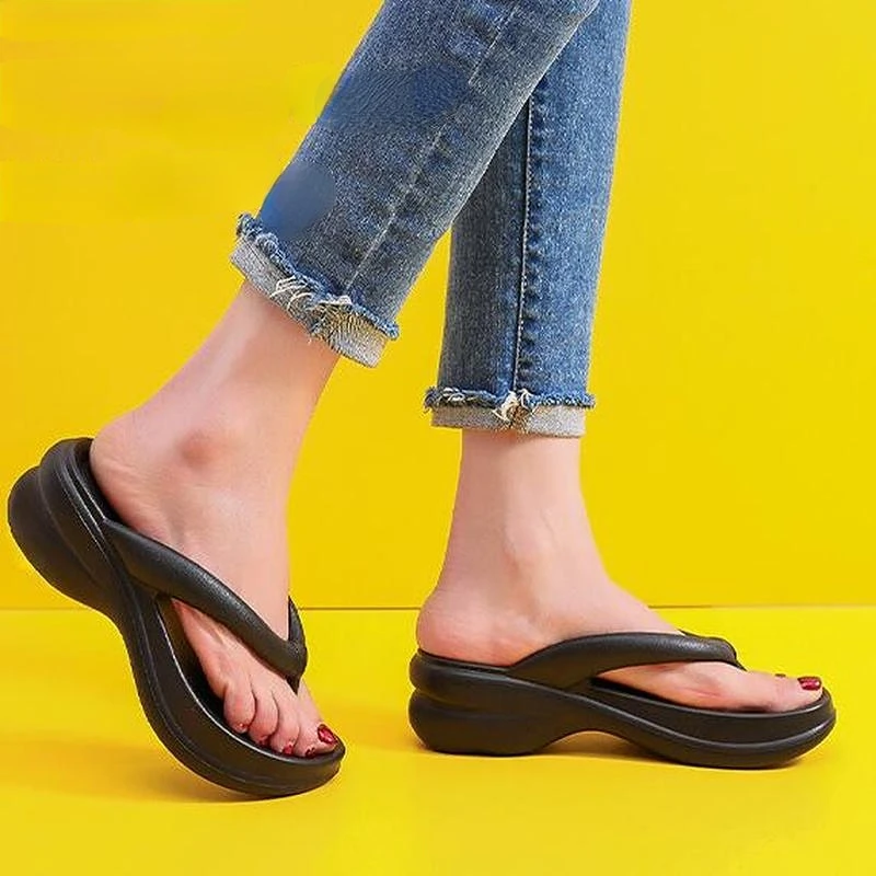 

High Heels Women Shoes 2022 Seaside Ladies Flip Flops Soft Wedge Waterproof Solid Comfortable Casual Woman Indoor Slippers