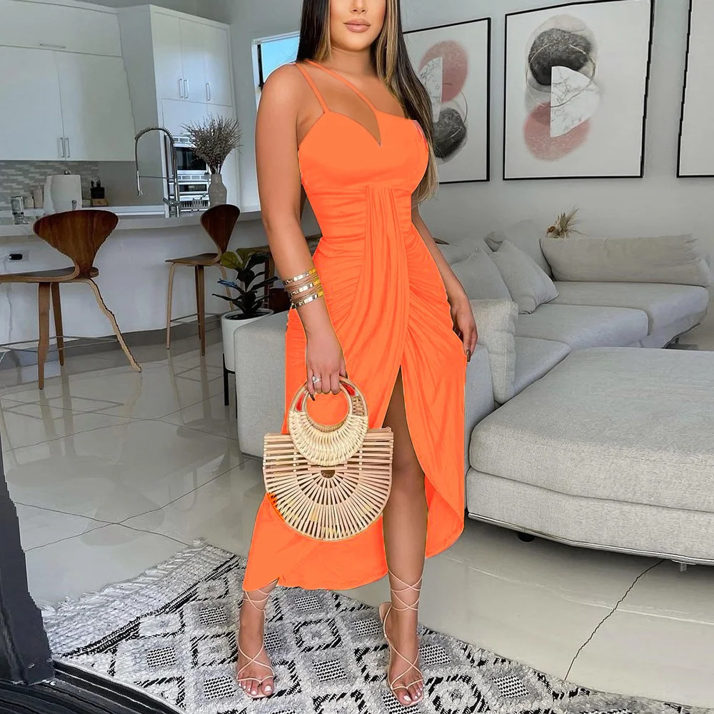 

2022 Women's Autumn New evening party Sling Pleated suspender irregular solid color Dress high split