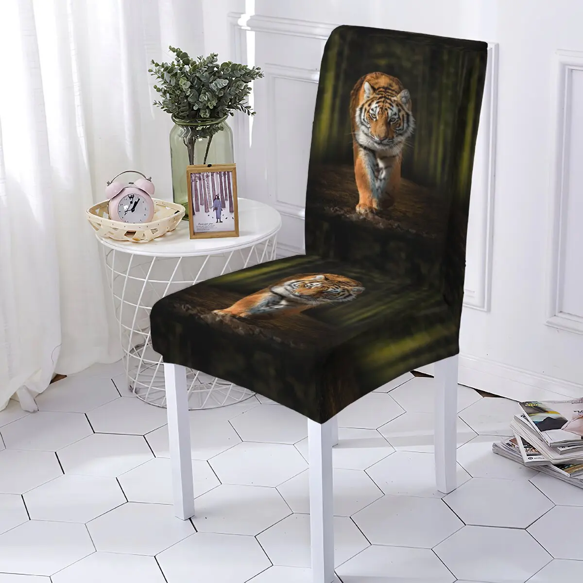 

Animal Style Chair Cover Anti-Dirty Seat Chair Cover Tiger Pattern Home High Back Spande Chairs Covers For Dining Room Kitchen