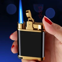 one button press to ignite metal lighters blue flame straight through windproof gas lighters cigarette accessories mens gifts