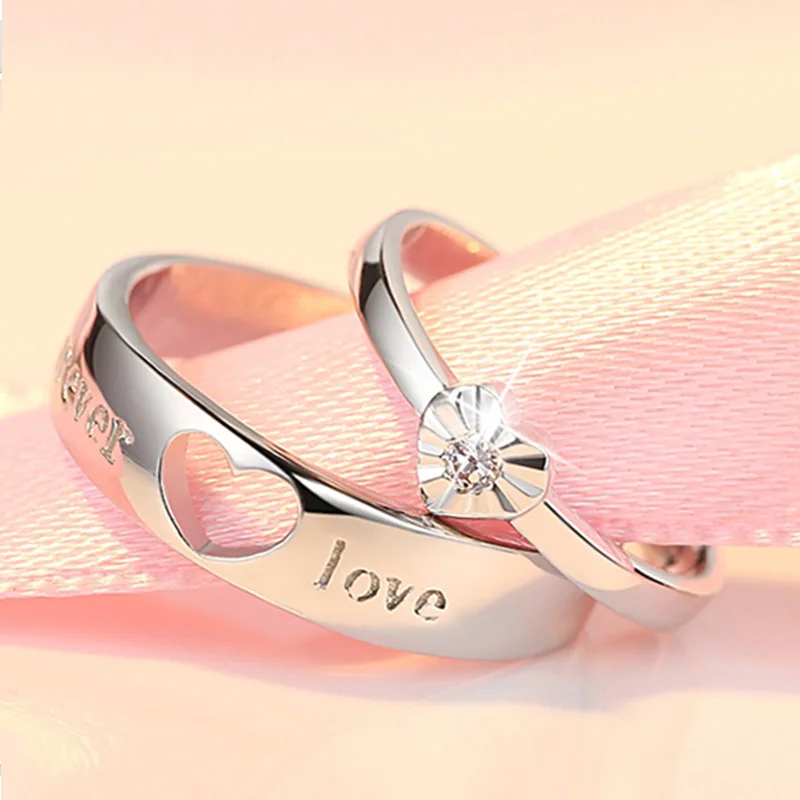 

925 Sterling Silver Couple Ring, Korean Version, Heart to Heart, Opening Pair Ring, Student Simple Living Silver Ring, Gift Girl
