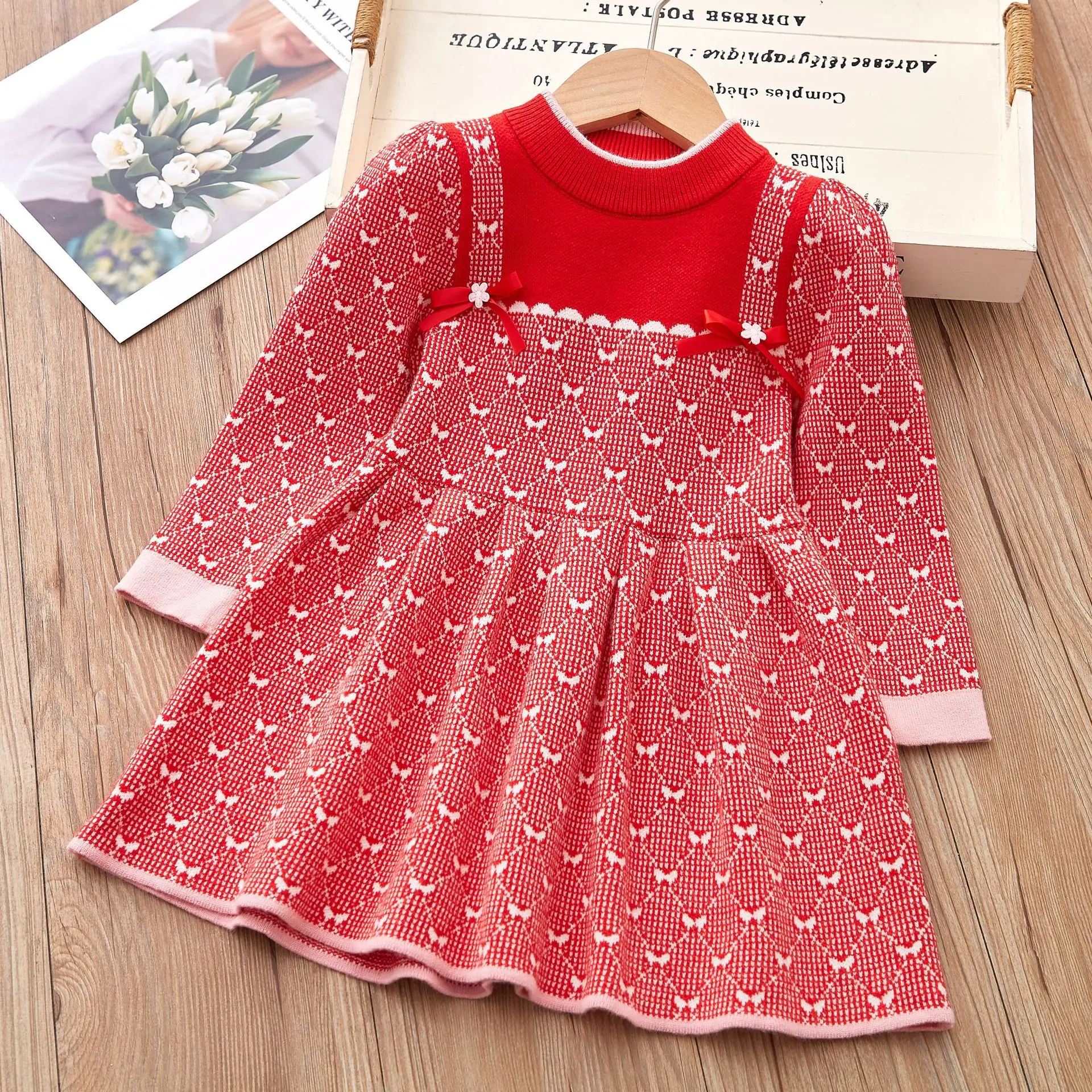 

2023 Fashionable Girls' Long Sleeve Sweater Knitted Skirt Baby Fragrant Dress Dress