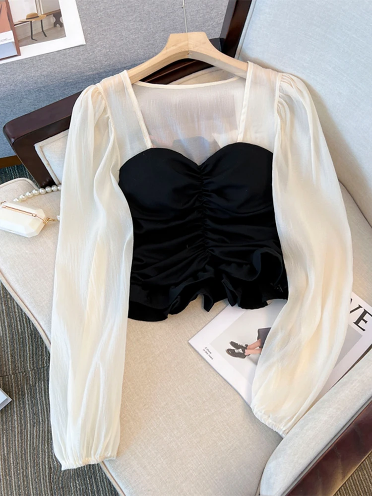 

Женская шифоновая блузка, дизайнерская Тонкая Блузка контрастных цветов в стиле пэчворк с пышными длинными рукавами и квадратным вырезом, ...