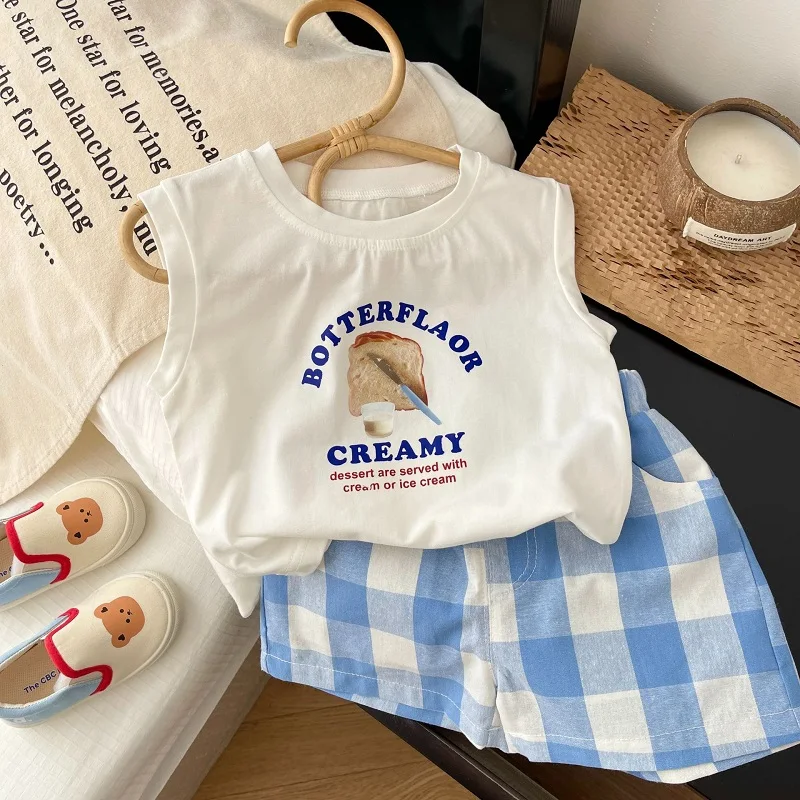 

Summer Children Boy Clothing Set 0-5Years Kids Sleeveless Print T-shirt Vest+Elastic Waist Plaid Shorts 2PCS Outfis Girl Clothes