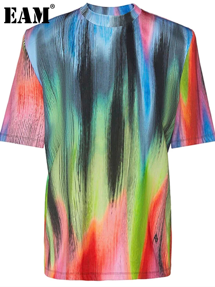 

[EAM] Wide Leg Pants Tie Dye Two Piece Suit New Round Neck Short Sleeve Loose Fit Women Fashion Spring Autumn 2023 1DE6060