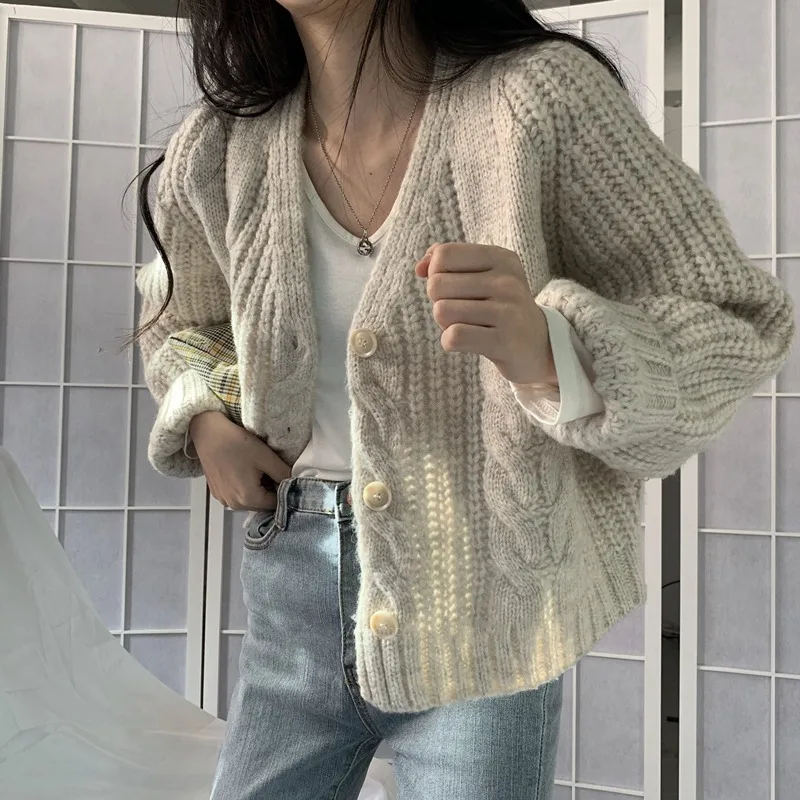 

Korean Fashion Ladies Knitwears New 2021 Autumn Winter Womens Sweaters Vintage V-Neck Buttons Cardigans Shorts Large Beige
