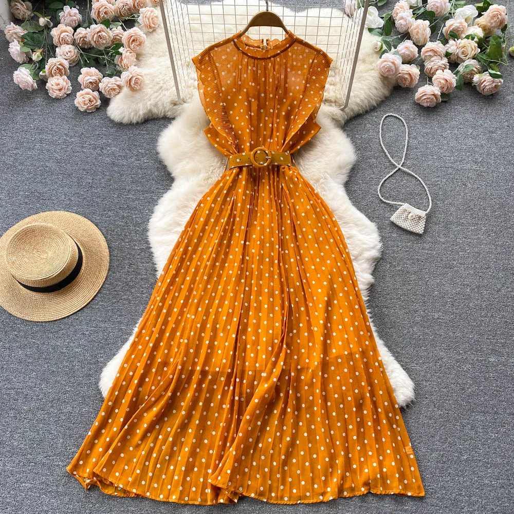 

Elegant Solid Chiffon Polka Dot Pleated Dress Women Summer Sleeveless Maxi Dresses With Belt Vacation Robe Female Vestidos