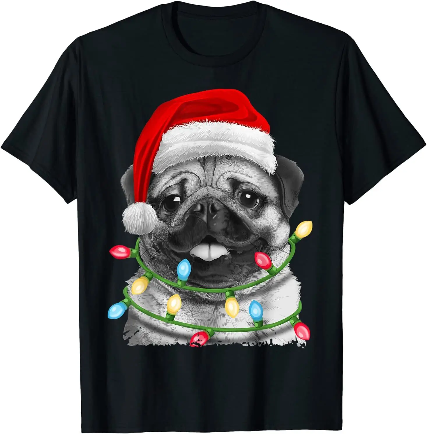 

Pug Santa Christmas Tree Lights Xmas Boys Pugmas O-Neck Cotton T Shirt Men Casual Short Sleeve Tees TopsUnsiex Couple