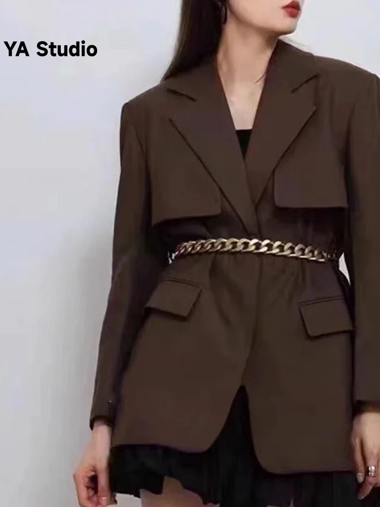 

[YA Studio] Designer Autumn Winter Patchwork Brown Long Sleeved High-end Goddess Style Suit Collar Solid Color