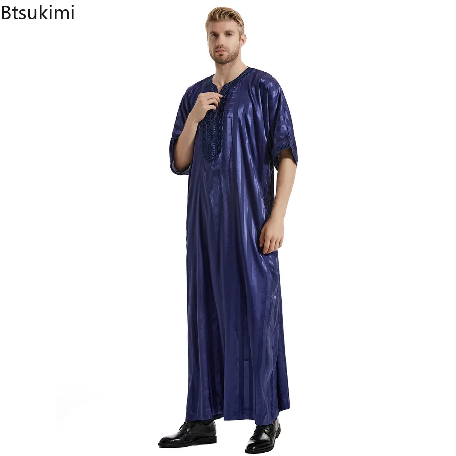 Ramadan Muslim Men Jubba Thobe Solid Color Kimono Middle Sleeve Robe Saudi Musulman Stand Collar Islamic Arabic Kaftan Men Abaya
