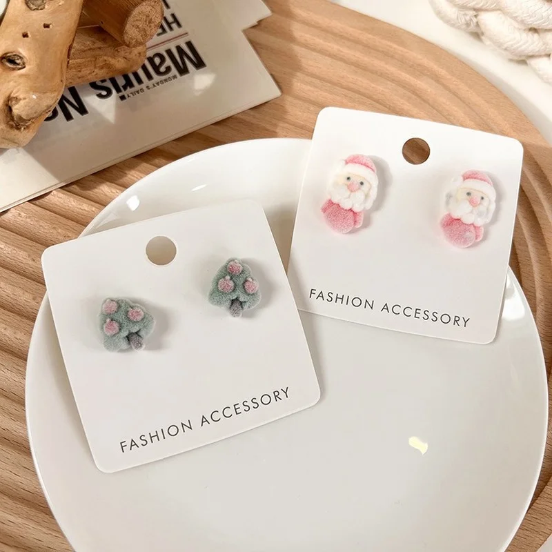 

2022 Sweet Cute Cartoon Cute Santa Claus Christmas Tree Plush Stud Earrings for Women Girls Plush Christmas Earrings Accessories