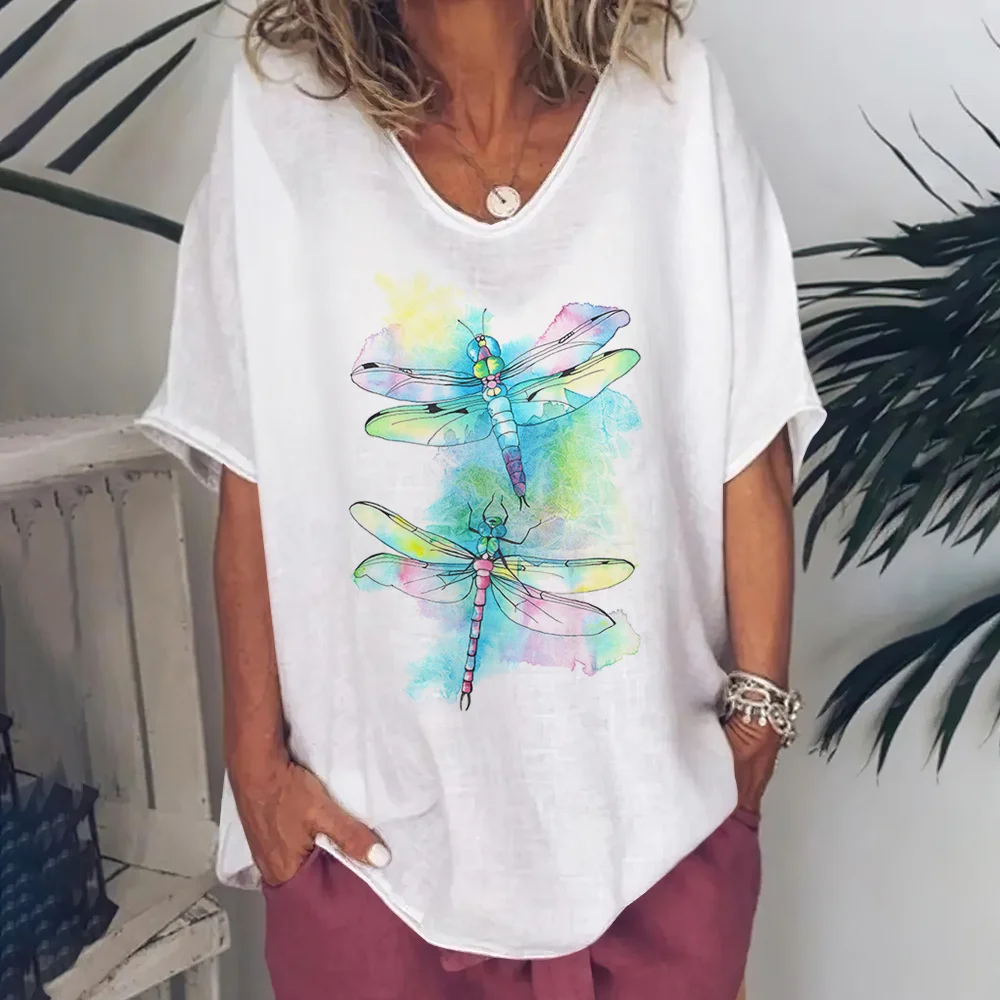 

2023 New Women'S V-Neck T-Shirt Summer 3d Dragonfly Dandelion Print Top Tee Simple Y2k Clothes Fashion Women Oversized Pullovers