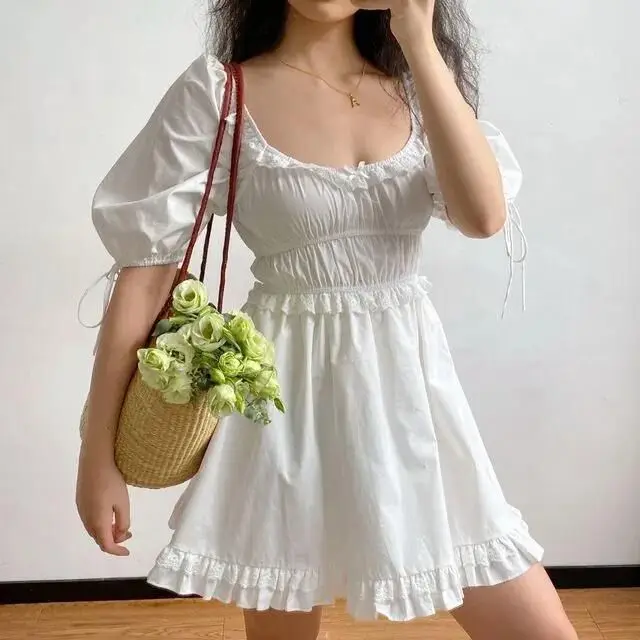Boho White Dress Puff Short Sleeve Square Neck Ruffles A-line Sweet Girls Vestidos for Wedding Party Bridesmaid Women Dresses